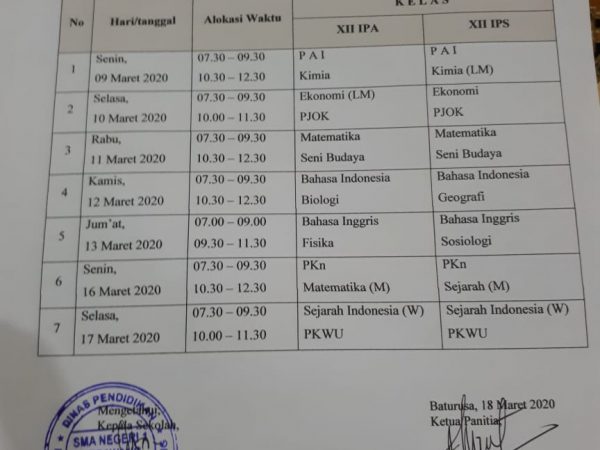 Jadwal Ujian Sekolah (US) Tahun Pelajaran 2019/2020