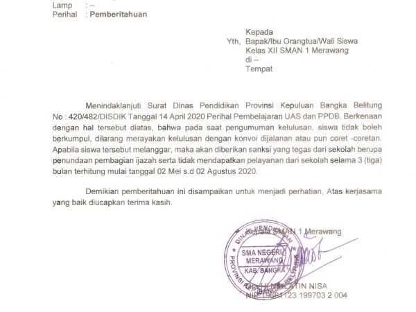 Himbauan Terkait Pengumuman Kelulusan Siswa Tahun Pelajaran 2019/ 2020