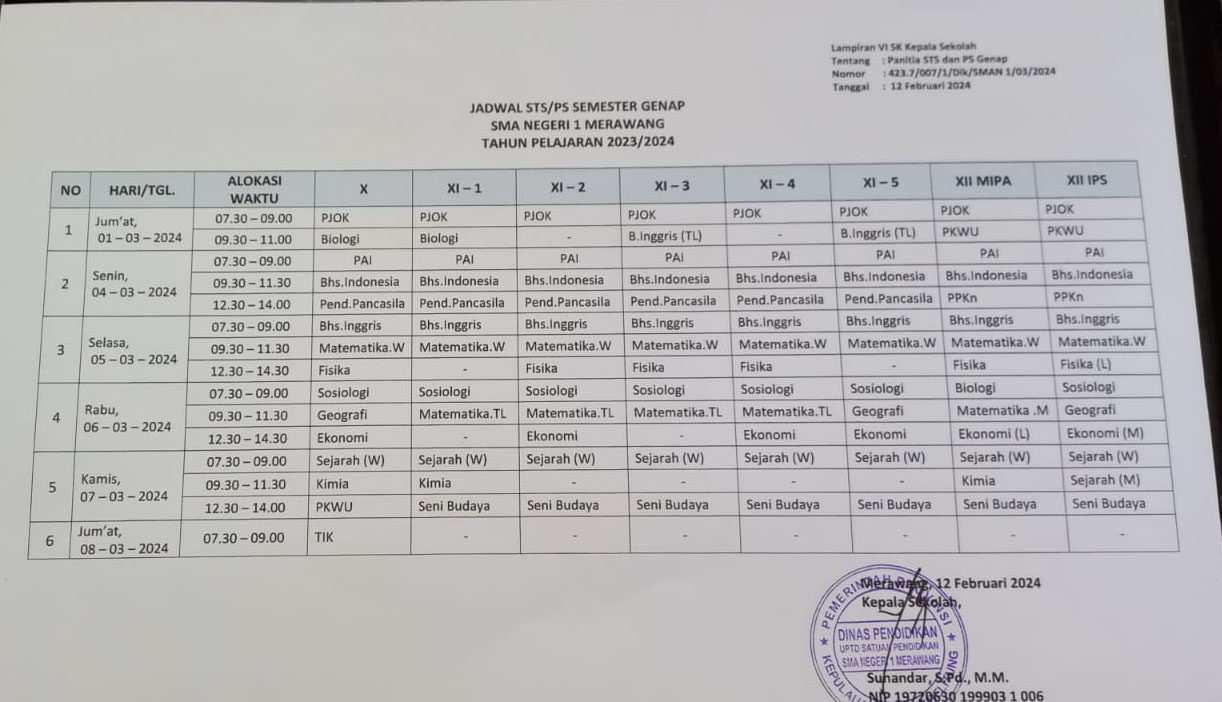 Jadwal STS dan PS Semester Genap Tahun Pelajaran 2023-2024