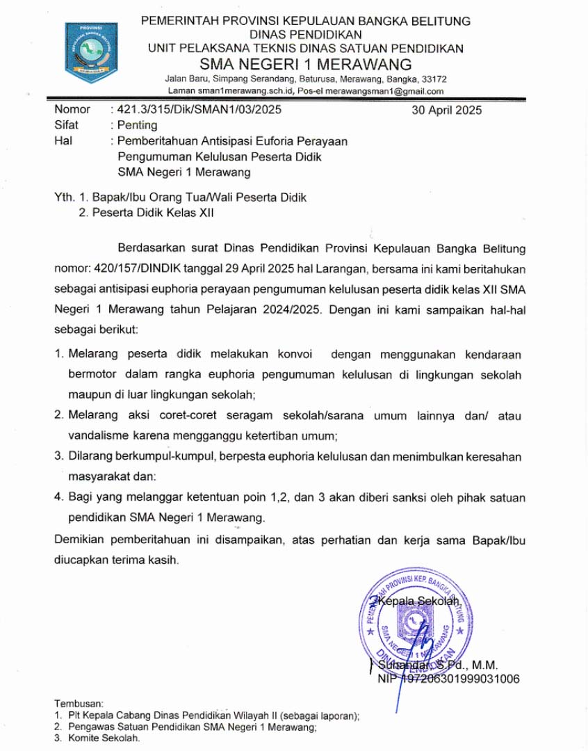 Pemberitahuan Antisipasi Euforia Perayaan Kelulusan Peserta Didik Tahun Pelajaran 2024/2025 Pemberitahuan Antisipasi Euforia Perayaan Kelulusan Peserta Didik Tahun Pelajaran 2024/2025