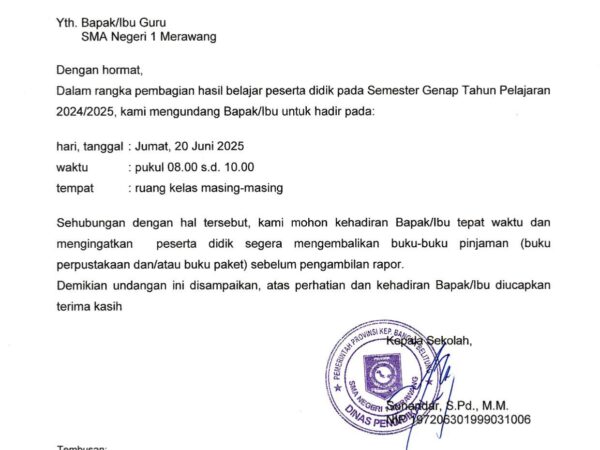 Undangan Pengambilan Rapor Semester Genap Tahun Pelajaran 2024/2025